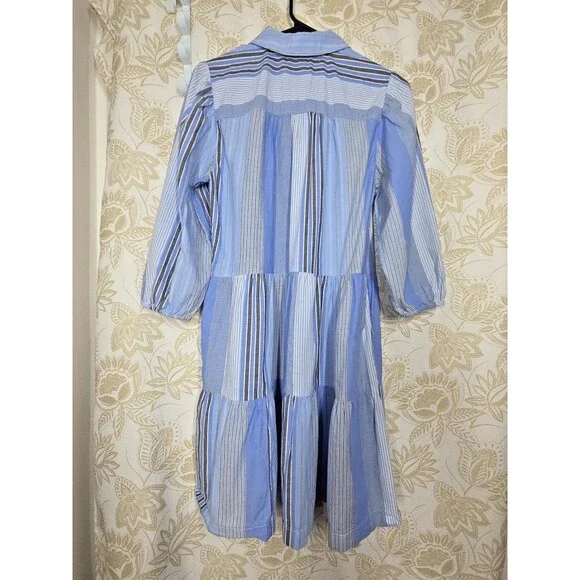 Gap Blue Striped Tiered Puff Sleeve Mini Shirt Dress S Academia Patchwork Prep - Picture 3 of 7